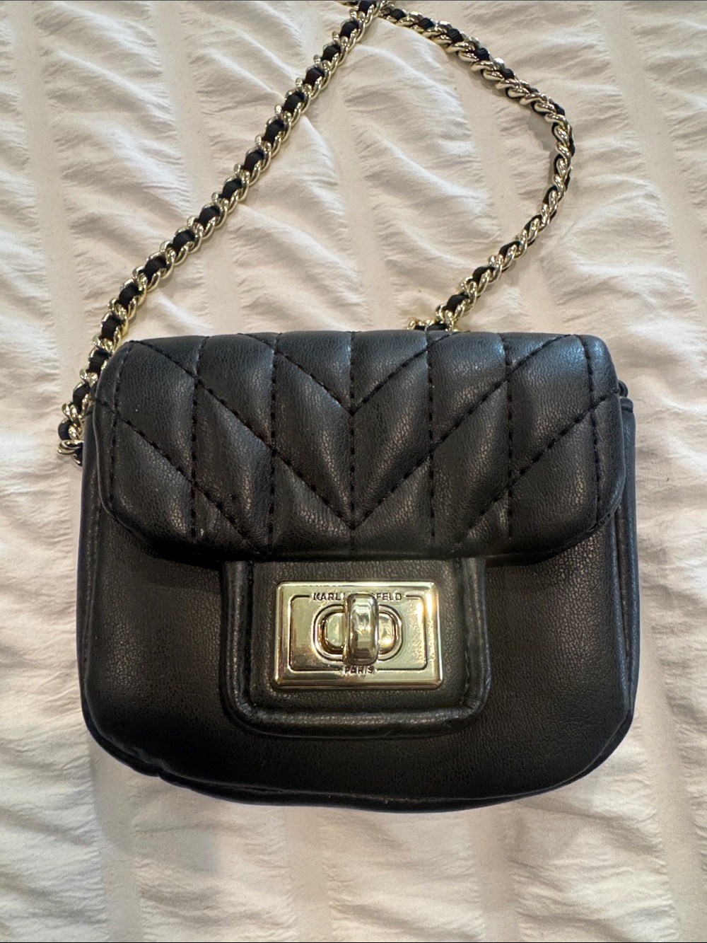 Karl Lagerfeld Black Quilted Leather Crossbody with Gold Chain